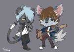 2017 anthro artist_name black_bottomwear black_clothing black_eyes black_nose black_pants blue_clothing blue_hair blue_jacket blue_topwear bottomwear brown_hair canid canine canis chibi clothing crossover darui_(naruto) duo felid full-length_portrait fur grey_background grey_body grey_ears grey_fur grey_tail guitar hair holding_guitar jacket kemono kintaurus_(show_by_rock!!) male mammal musical_instrument naruto pantherine pants pink_inner_ear plucked_string_instrument portrait shaded show_by_rock!! simple_background string_instrument temitess topwear wolf yellow_sclera