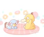  animal_focus artist_name asakoline bird blue_skin closed_eyes colored_skin commentary_request duck no_humans picnic pokemon pokemon_(creature) psyduck sitting twitter_username white_background wooper 