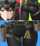  1girl ass black_pants blue_background brown_eyes brown_hair camouflage close-up combat_helmet dgkamikaze expressionless girls&#039;_frontline green_background helmet highres holster looking_at_viewer m4a1_(girls&#039;_frontline) multicolored_hair multiple_views pants pink_background solo streaked_hair thigh_holster thighs woodland_camouflage 
