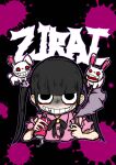  1girl animal black_background black_bow black_eyes black_hair bottle bow boxcutter can cigarette crazy_smile die_aria highres holding holding_bottle holding_boxcutter holding_can holding_cigarette jirai_kei original paint_splatter piercing pink_shirt rabbit shirt smile smoke solo tongue_piercing twintails 