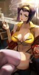  1girl alcohol bar_(place) bare_shoulders black_panties blurry blurry_background breasts cigarette cleavage cowboy_bebop crop_top crossed_legs cup drinking_glass faye_valentine green_eyes hairband highleg highleg_panties highres holding holding_cigarette holding_cup indoors jacket large_breasts lipstick looking_at_viewer makeup midriff navel off_shoulder open_clothes open_jacket panties panty_straps pinkmill purple_hair purple_thighhighs red_jacket red_lips shirt short_hair shorts sitting sleeveless sleeveless_shirt smoke solo thighhighs thighs underwear wine wine_glass yellow_hairband yellow_shirt yellow_shorts 