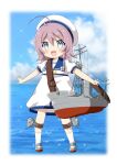 aged_down aoba_(kancolle) blue_eyes blue_sailor_collar blue_sky bow cloud cosplay day dress full_body hat horizon kaiboukan_no._4_(kancolle) kaiboukan_no._4_(kancolle)_(cosplay) kantai_collection machinery ocean outdoors outstretched_arms oyu_(aoba_0054) purple_hair sailor_collar sailor_dress sailor_hat searchlight ship short_hair sky smile watercraft white_dress white_headwear yellow_bow 