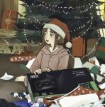  1girl :d asus barefoot brown_eyes brown_hair brown_pants brown_sweater christmas christmas_present christmas_tree cordrawroy fur-trimmed_headwear fur_trim geforce_rtx_4090 gift graphics_card hair_ornament hat highres hood hooded_sweater indoors iwakura_lain open_mouth pants red_headwear red_nails santa_hat serial_experiments_lain short_hair single_sidelock smile solo sweater x_hair_ornament 