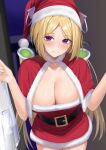  1girl aki_rosenthal blonde_hair blush bob_cut breasts cleavage closed_mouth detached_hair haro_art highres hololive large_breasts long_hair looking_at_viewer low_twintails parted_bangs purple_eyes santa_costume short_hair solo twintails virtual_youtuber 