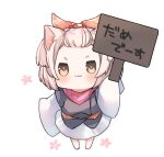  1girl :3 animal_ears ash_blossom_&amp;_joyous_spring bangs_pinned_back barefoot bow cherry_blossoms chibi dog_ears dog_girl duel_monster forehead full_body holding holding_sign japanese_clothes kimono light_brown_hair looking_at_viewer orange_bow scarf short_hair sign simple_background solo very_long_sleeves white_background yu-gi-oh! yun_(yunjirou) 