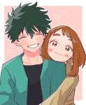  1boy 1girl black_shirt blush boku_no_hero_academia brown_eyes brown_hair closed_eyes collarbone earrings freckles green_hair green_jacket hetero hug hug_from_behind jacket jewelry long_sleeves looking_at_viewer midoriya_izuku pink_background shirt short_hair simple_background smile uraraka_ochako yachic00 