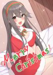  1girl :d akahi242 barefoot bow bowtie breasts brown_eyes capelet cleavage dress from_side fur-trimmed_capelet fur-trimmed_dress fur_trim grey_hair hair_ornament hairband hairclip haruna_(kancolle) highres kantai_collection long_hair looking_at_viewer merry_christmas red_bow red_bowtie red_capelet red_dress red_hairband santa_dress sitting smile solo twitter_username wariza 