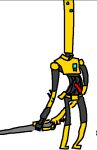 ambiguous_gender blue_eyes featureless_crotch grey_body hakita holding_object holding_sword holding_weapon humanoid long_head machine melee_weapon not_furry nude official_art robot robot_humanoid simple_background slim solo standing sword swordsmachine_(ultrakill) ultrakill weapon white_background yellow_body