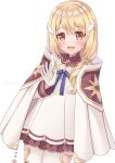  1girl blonde_hair blush breasts brown_eyes cape chest_jewel commentary_request feather_hair_ornament feathers gloves hair_between_eyes hair_ornament highres kisetsu_an looking_at_viewer medium_hair open_mouth pantyhose princess_connect! quria_(princess_connect!) small_breasts solo white_background 