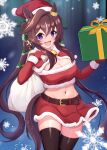  1girl absurdres animal_ears belt box breasts brown_hair cleavage commentary_request earrings elbow_gloves gift gift_box gloves hair_between_eyes hair_ornament hat highres holding holding_gift horse_ears horse_girl horse_tail jewelry medium_breasts midriff navel open_mouth purple_eyes santa_costume santa_hat shuten_(shutehaan) simple_background single_earring snowflakes solo tail thighhighs twintails umamusume vivlos_(umamusume) 