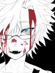  1boy black_background blood blood_on_face blue_eyes collarbone colored_sclera commentary_request fangs glasses grey_sclera highres kanou_aogu looking_at_viewer male_focus open_mouth rectangular_eyewear saibou_shinkyoku sanpaku short_hair simple_background smile solo spot_color tutuke 
