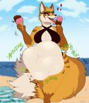 anthro anthro_pred beach belly big_belly bikini canid canine cleavage_cutout clothing dessert digestion digestion_noises digital_media_(artwork) dipstick_tail eyewear eyewear_on_head female female_pred food fox hi_res huge_belly ice_cream licking_ice_cream mammal markings motion_lines multi_tail navel outside pippuri same_size_vore seaside solo struggling_prey sunglasses sunglasses_on_head swimwear tail tail_markings thick_thighs unseen_prey vore