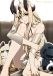  1girl ahoge arknights bare_shoulders blonde_hair character_doll couch dated doctor_(arknights) dragon_girl dragon_horns dress green_eyes horns hugging_own_legs knee_up long_hair looking_at_viewer merry_christmas mochusama1 on_couch reed_(arknights) sitting smile solo very_long_hair white_dress 