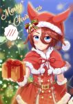  1girl animal_ears belt blue_eyes blush bow brown_belt brown_hair capelet christmas_tree closed_mouth commentary cursive dress english_text fingerless_gloves frown fur-trimmed_capelet fur-trimmed_dress fur-trimmed_gloves fur_trim gift giving gloves hair_between_eyes hat hat_belt hat_bow hat_with_ears highres holding holding_gift holding_sack horse_ears horse_girl horse_tail looking_at_viewer merry_christmas mokichi3356 narita_taishin_(umamusume) red_capelet red_dress red_gloves sack santa_dress santa_hat short_dress short_hair solo sparkle spoken_blush standing tail text_background umamusume 