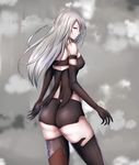  1girl android artist_request ass bare_shoulders black_gloves black_legwear blue_eyes breasts elbow_gloves from_behind gloves hair_over_one_eye long_hair looking_at_viewer medium_breasts nier_(series) nier_automata pale_skin shiny shiny_clothes shiny_hair shiny_skin short_shorts shorts sideboob silver_hair solo thighhighs yorha_type_a_no._2 