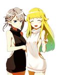  2girls :d ^_^ absurdres ange_(princess_principal) arm_around_waist bare_shoulders black_sweater blonde_hair blue_eyes blurry blush braid breasts brown_hair closed_eyes closed_mouth dated depth_of_field haapi_jang_p hair_flaps highres jpeg_artifacts long_hair medium_breasts meme_attire multiple_girls number open_mouth princess_(princess_principal) princess_principal sideboob simple_background smile sweater thighhighs turtleneck turtleneck_sweater v virgin_killer_sweater wavy_mouth white_background white_legwear white_sweater 
