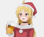  1girl ahoge alcohol beer beer_mug blonde_hair blush bocchi_the_rock! breasts brown_eyes choker cup detached_ahoge dress foam_mustache grey_background hat holding holding_cup ijichi_seika long_hair mug nose_blush off-shoulder_dress off_shoulder open_mouth pom_pom_(clothes) red_dress sadamatsu_ryuuichi santa_costume santa_hat sidelocks simple_background small_breasts smile solo upper_body 