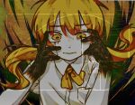  1girl abstract_background black_hands black_tears blonde_hair breast_pocket cai_(cabbage_0j0) collared_shirt colored_skin commentary dress_shirt english_commentary floating_hair furrowed_brow golden_number_(vocaloid) golden_spiral grimace hands_on_own_face hands_up highres long_hair looking_ahead low_twintails multicolored_background neck_ribbon nervous_sweating pocket ribbon shirt short_sleeves solo straight-on sweat twintails upper_body vocaloid white_shirt yellow_background yellow_eyes yellow_ribbon 