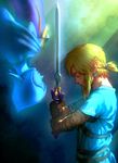  blonde_hair closed_eyes earrings fi fingerless_gloves gloves highres holding holding_sword holding_weapon jewelry link looking_at_another master_sword pointy_ears profile sword the_legend_of_zelda the_legend_of_zelda:_breath_of_the_wild the_legend_of_zelda:_skyward_sword tunic ug_(ugg) upside-down weapon 