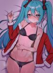  1girl armpit_crease bikini blue_hair blush breasts bright_pupils hatsune_miku highres kumada_gaon long_hair lying medium_breasts nail_polish on_back santa_costume solo stomach sweat swimsuit visible_air vocaloid white_pupils 