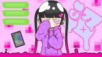  1girl black_hair broken_heart cellphone collar die_aria ear_piercing hair_ornament hand_on_own_chest hand_on_own_face heart heart_hair_ornament hood hoodie long_sleeves official_art patterned_clothing phone piercing pink_background pink_eyes plus_sign shinen_ga_kocchi_o_mitekurenai_(vocaloid) smartphone text_messaging twintails vocaloid 