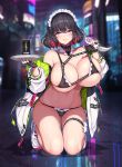  1girl breasts covered_nipples energy_drink fingerless_gloves gloves holding holding_tray jacket javelin_(nidy) karambit large_breasts maid_headdress maid_panties midriff multicolored_hair navel nidy original tray two-tone_hair 