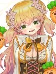  1girl blonde_hair blush bow breasts cleavage flower green_eyes hair_between_eyes hair_flower hair_ornament hololive ichika_(ick_514) large_breasts long_hair looking_at_viewer momosuzu_nene nekko_(momosuzu_nene) open_mouth two_side_up upper_body virtual_youtuber 