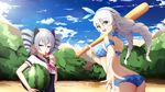  absurdres ass baseball_bat benghuai_xueyuan blue_eyes blush bracelet breasts bronya_zaychik closed_mouth drill_hair earrings eyebrows_visible_through_hair food fruit grey_eyes grey_hair hd-hlh-3h highres holding holding_food honkai_impact jewelry kiana_kaslana large_breasts long_hair looking_at_viewer multiple_girls neckerchief parted_lips pink_neckwear popsicle short_hair smile swimsuit twin_drills watermelon watermelon_bar white_hair 
