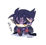  1boy black_hair black_wings chain chibi closed_mouth devil_jin facial_mark frown gloves horns kazama_jin kotorai male_focus red_gloves signature simple_background solo standing studded_gloves tekken thick_eyebrows translation_request v-shaped_eyebrows white_background wings yellow_eyes 