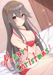  1girl akahi242 barefoot bikini breasts brown_eyes cleavage from_side grey_hair hair_ornament hairband hairclip haruna_(kancolle) highres kantai_collection large_breasts long_hair looking_at_viewer merry_christmas red_bikini red_hairband sitting solo swimsuit twitter_username wariza 