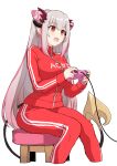  :d alternate_costume breasts controller cropped_legs demon_tail game_controller grey_hair headgear highres holding holding_controller holding_game_controller indie_virtual_youtuber jyaco large_breasts long_hair multicolored_hair on_stool open_mouth pants pink_hair pointy_ears red_eyes red_track_suit sitting smile streaked_hair suou_patra sweatpants tail track_suit virtual_youtuber 