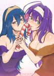  2girls alternate_costume bare_shoulders blue_eyes blue_hair breasts candy candy_cane christmas cleavage fire_emblem fire_emblem:_path_of_radiance fire_emblem:_radiant_dawn fire_emblem_awakening food green_eyes hairband heart highres holding holding_candy holding_food long_hair looking_at_viewer lucina_(fire_emblem) medium_breasts mia_(fire_emblem) multiple_girls off-shoulder_shirt off_shoulder orange_shirt purple_hair purple_shirt shirt short_sleeves upper_body very_long_hair vialnite white_hairband 