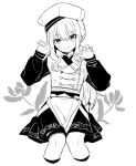  1girl buttons closed_mouth double-breasted greyscale hands_up hat kusanagi_nene long_sleeves miwasiba monochrome project_sekai puffy_long_sleeves puffy_sleeves sidelocks simple_background sitting smile solo 
