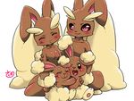  1boy 1girl animal_ears artist_request black_sclera blush breasts buneary bunny_ears eyes_closed family feet full_body furry lopunny no_humans no_nipples paws pink_eyes pokemon pokemon_(creature) pokemon_dppt signature simple_background sitting small_breasts smile text white_background 