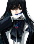  1girl ado_(utaite) black_bow black_bowtie black_hair black_jacket blue_eyes blue_flower blue_hair blue_rose bow bowtie chando_(ado) cloud_nine_inc colored_inner_hair commentary flower flower_brooch gloves hair_between_eyes highres hoshi_san_3 jacket long_hair long_sleeves looking_at_viewer multicolored_hair paint_on_body paint_on_clothes red_flower red_rose rose shadow sidelocks simple_background solo two-tone_hair upper_body utaite white_background white_gloves wiping_face 