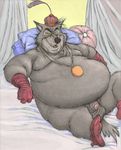  2015 anthro balls bed bed_sheet bedding bedroom_eyes belly big_belly canine clothing disney flaccid footwear fur gloves grey_fur half-closed_eyes hat hi_res jewelry kinkycoyote looking_at_viewer lying mammal mostly_nude necklace overweight penis pillow robin_hood_(disney) seductive sheriff_of_nottingham smile wolf 