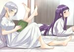  2girls absurdres barefoot bed_sheet blunt_bangs blush book breasts closed_mouth collarbone dress earrings eyelashes feet feet_up fern_(sousou_no_frieren) frieren from_side full_body green_eyes grey_hair highres indoors jewelry knee_up large_breasts long_hair long_sleeves looking_at_viewer lying mbr90munouk multiple_girls on_bed on_stomach pillow pointy_ears purple_eyes purple_hair short_eyebrows signature sitting small_breasts smile sousou_no_frieren toenails toes twitter_username very_long_hair white_dress 