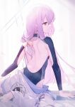 1girl arm_support atsuko_(blue_archive) back barefoot blue_archive bow closed_mouth from_behind grey_halo hair_bow halo highres jacket kyaroru long_hair orange_bow profile purple_hair red_eyes soles solo toes unworn_jacket white_jacket 