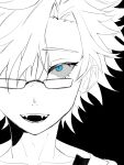  1boy black_background blue_eyes collarbone colored_sclera commentary_request fangs glasses grey_sclera highres kanou_aogu looking_at_viewer male_focus open_mouth rectangular_eyewear saibou_shinkyoku sanpaku short_hair simple_background smile solo spot_color tutuke 