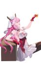  1girl alternate_costume antlers armpits bare_shoulders breasts cleavage cup elysia_(honkai_impact) glass gloves highres holding holding_cup honkai_(series) honkai_impact_3rd large_breasts lilithmy long_hair navel open_mouth pink_hair pointy_ears red_gloves reindeer_antlers sideboob simple_background smile solo white_background 