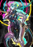 2023 big_breasts black_body blue_eyes breasts cable digital_media_(artwork) featureless_breasts female glistening glistening_body grey_body hi_res humanoid jooshy looking_at_viewer machine multicolored_body robot robot_humanoid solo standing tail tailed_humanoid thick_thighs white_body wide_hips