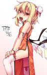  alternate_costume blonde_hair bun_cover china_dress chinese_clothes dress fangs flandre_scarlet gradient gradient_background looking_at_viewer nail_polish open_mouth orange_dress pink_background pointy_ears red_eyes red_nails shamo_(koumakantv) smile solo teeth thighhighs tongue touhou vampire white_background white_legwear wings 