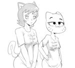  2017 anthro bottomless breasts cartoon_network cat clothed clothing covering covering_crotch dbaru digital_media_(artwork) duo english_text eyelashes feline female half-closed_eyes hand_on_hip innuendo mammal monochrome nicole_watterson parody pose shirt simple_background standing text the_amazing_world_of_gumball whiskers white_background 