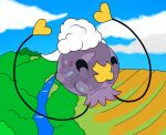 2021 ambiguous_gender balloon cloud drifloon duo ears_back entrapment feral flying generation_4_pokemon generation_5_pokemon greenery grisouille grisouille_(artist) happy head_tuft hi_res inflatable kidnapping looking_happy nintendo open_mouth paws pivoted_ears pokemon pokemon_(species) river sky trapped_in_balloon tuft vore water worried_look zorua