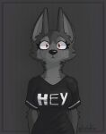 2023 anthro big_ears breasts canid canine canis derkatfox english_text eyelashes female fur grey_body grey_fur mammal neck_tuft solo text tuft wide_eyed wolf