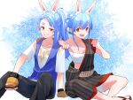  1girl animal_ear_fluff animal_ears arm_support blue_hair braid carrot_hair_ornament cosplay dual_persona food-themed_hair_ornament gloves grin hair_ornament high_ponytail highres imai_hinata japanese_clothes jewelry luke_sullivan luke_sullivan_(cosplay) multicolored_hair necklace rabbit_ears rabbit_girl red_eyes sarashi sitting smile street_fighter street_fighter_6 thick_eyebrows twin_braids twintails usada_pekora virtual_youtuber yellow_gloves 
