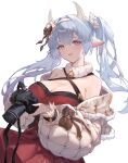  1girl absurdres animal_ears bell blue_hair blush breasts camera catura_(granblue_fantasy) cleavage cow_ears cow_girl cow_horns draph fur_collar granblue_fantasy highres holding holding_camera horns jingle_bell large_breasts long_hair long_sleeves looking_at_viewer neck_bell parted_lips pink_eyes puffy_long_sleeves puffy_sleeves simple_background solo twintails two-tone_eyes upper_body white_background wizast yellow_eyes 