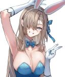  1girl animal_ears arm_up asuna_(blue_archive) asuna_(bunny)_(blue_archive) asymmetrical_bangs blue_archive blue_bow blue_bowtie blue_eyes blue_leotard bow bowtie breasts cleavage commentary_request detached_collar elbow_gloves fake_animal_ears gloves hair_bow hair_over_one_eye large_breasts leotard light_brown_hair long_hair mole mole_on_breast official_alternate_costume rabbit_ears shionty simple_background smile solo strapless strapless_leotard traditional_bowtie upper_body v white_background white_gloves 