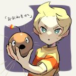  1boy blonde_hair bomb border bright_pupils explosive fingernails from_side green_eyes holding holding_bomb looking_at_viewer lucas_(mother_3) male_focus mother_(game) mother_3 open_mouth shifumame shirt solo sweatdrop translation_request upper_body white_border white_pupils yellow_shirt 