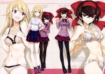  absurdres arm_grab black_legwear blonde_hair bow bowtie bra breasts brown_hair cleavage clothes_around_waist collarbone copyright_name dress_shirt eyebrows_visible_through_hair full_body girls_und_panzer girls_und_panzer_ribbon_no_musha groin hair_between_eyes hair_bow highres jacket jacket_around_waist kurashima_tomoyasu long_hair matsukaze_rin medium_breasts miniskirt mole mole_under_eye multiple_girls navel open_mouth panties pantyhose pink_jacket pleated_skirt red_bow red_eyes red_neckwear red_skirt shirt short_hair skirt smile standing tatenashi_high_school_uniform tsuruki_shizuka underwear underwear_only white_bra white_panties white_shirt 